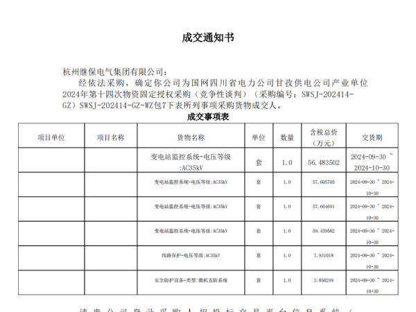 熱烈祝賀杭州繼保電氣中標國網(wǎng)四川省電力公司甘孜供電公司產業(yè)單位 2024年第十四次物資固定授權采購項目